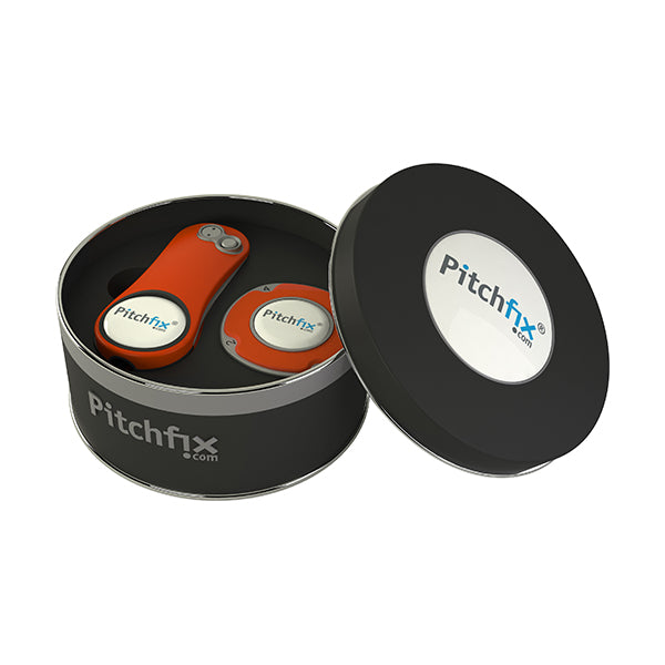 Round Golf Gift Tin with Fusion 2.5 repair tool and Multimarker chip